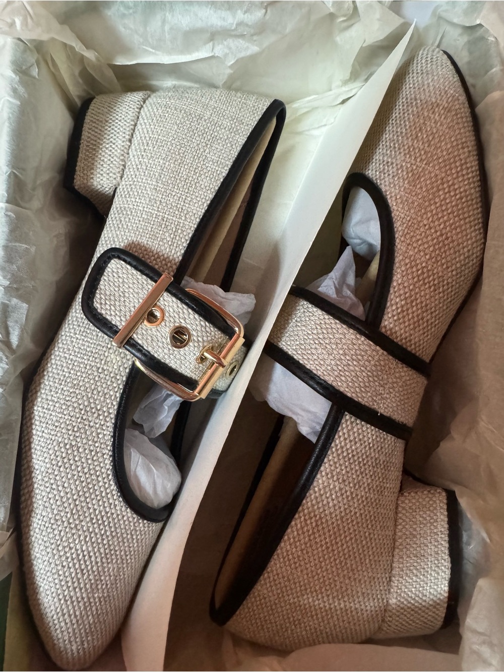 NEW J.Crew Teagan Cream Mary Jane Spanish Canvas Heels with gold buckle detail - Picture 8 of 10